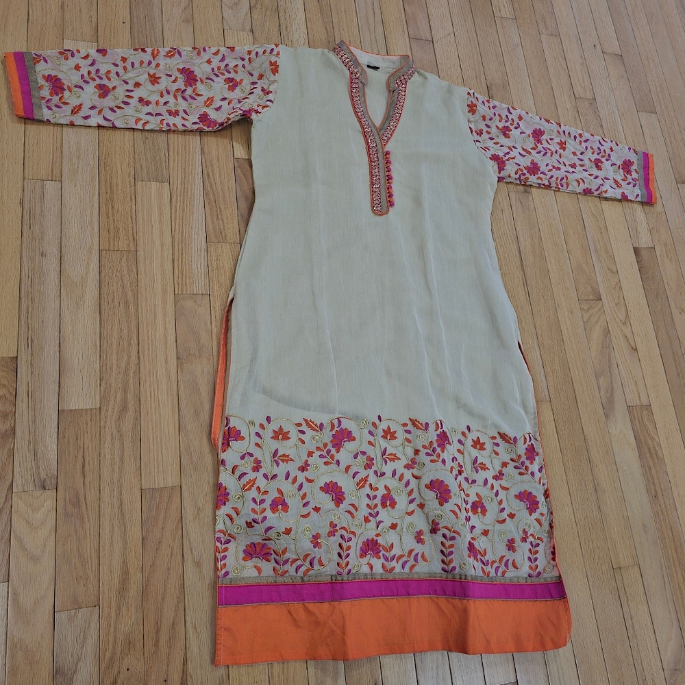 Women's Indian kurti long dress. Orange Magenta. Formal wear. Beautiful.
